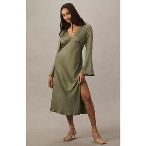BHLDN Avani V-Neck Long-Sleeve Satin Midi Dress green